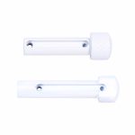 White plastic cabinet fasteners with mounting holes and circular knob for home use.