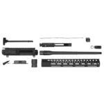 Disassembled AR-15 components layout on a white background for assembly or customization.