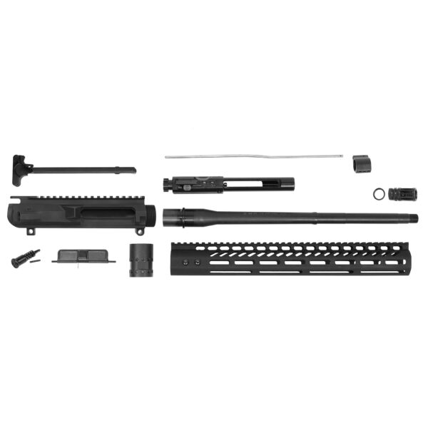 Disassembled AR-15 components layout on a white background for assembly or customization.