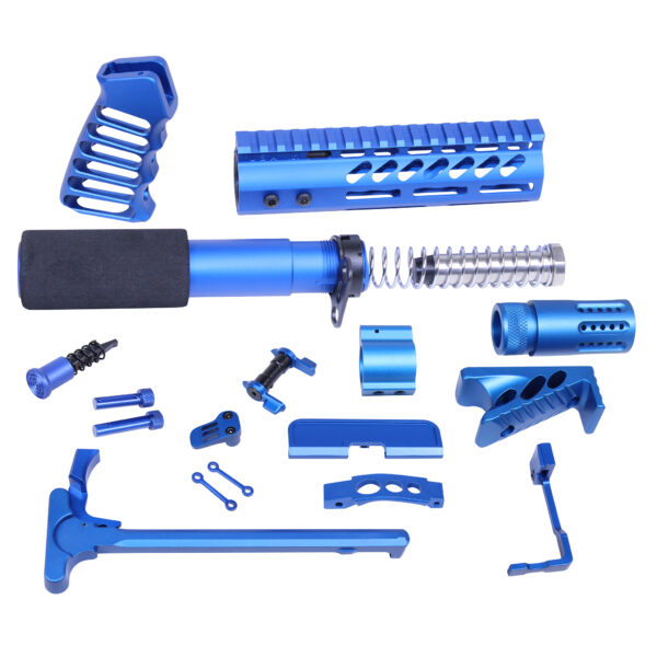 Bright blue AR-15 parts and accessories for customization and assembly.