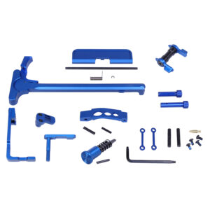 Blue metallic parts for precision machinery assembly on white background.