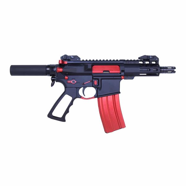 Compact 5.5 5.56mm rifle with red accents and tactical suppressor.