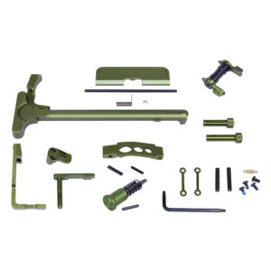 Green and black firearm assembly kit components on white background.