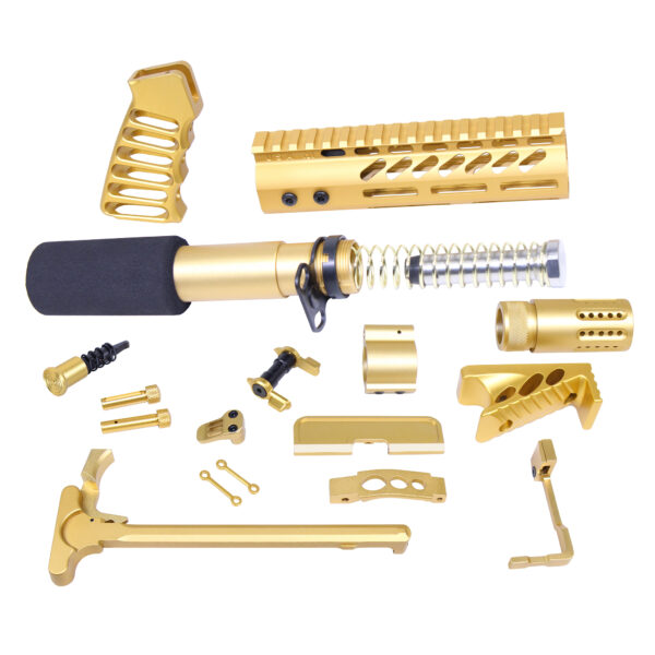 Gold-finished rifle customization kit with barrel, handguard, grip, and hardware components.