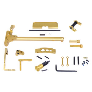 Gold and black rifle upgrade kit components on white background.