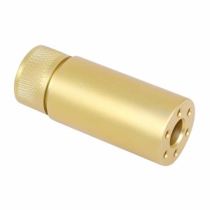 Gold AR-15 fake suppressor, 3-inch anodized finish, precision-engineered with vented design.