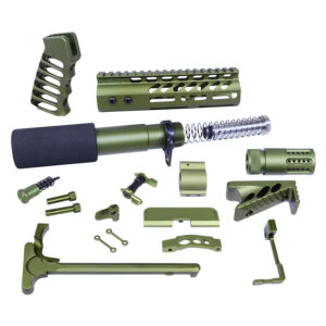 Olive green tactical firearm parts kit displayed on plain background.