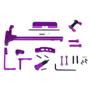 Precision-engineered purple firearm parts kit on white background.