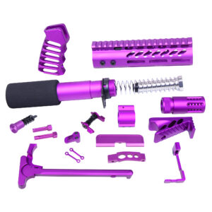 Purple firearm components and accessories display: barrel, pistol grip, muzzle brake, and tools.