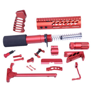 Red AR-15 firearm customization parts, including handguard, buffer tube, and muzzle device.