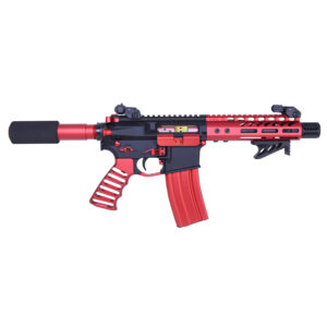 Compact airsoft rifle with red and black design, ideal for tactical customization.