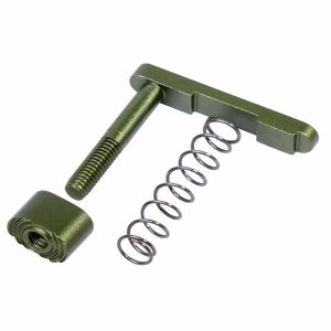 AR-15 magazine catch assembly with extended button in anodized green.