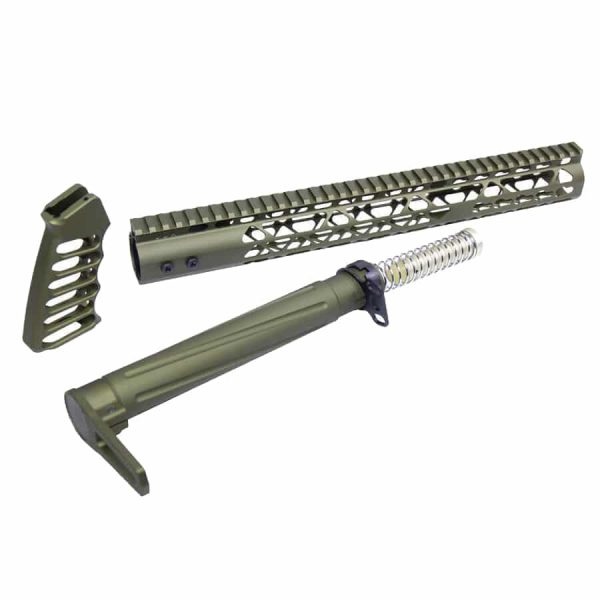 AR-15 AIR Lite complete furniture set in anodized green on white background.