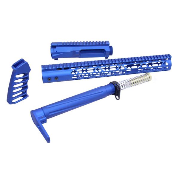 AR-15 blue anodized skeletonized furniture and upper receiver set.