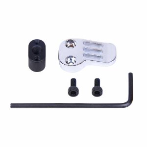 Chrome AR-15 Extended Mag Catch Paddle Release with screws and hex key on white background.