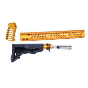 High-contrast firearm parts in gold and black, featuring handguard, grip, and adjustable stock.