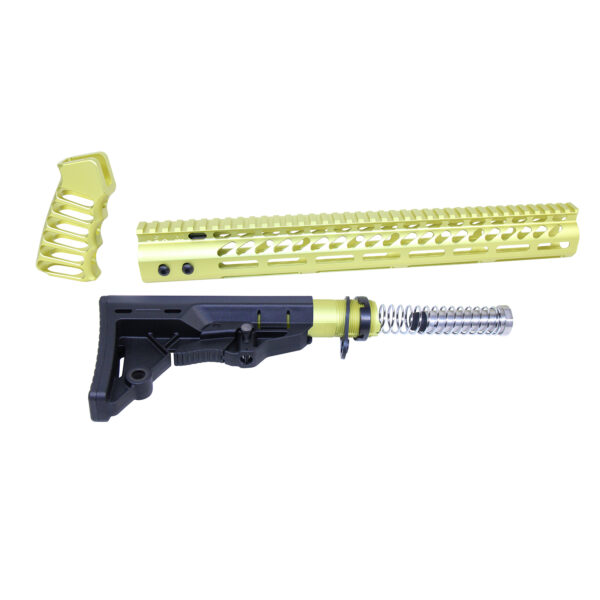 Vibrant lime green AR-15 rifle parts including handguard, grip, and stock on white background.