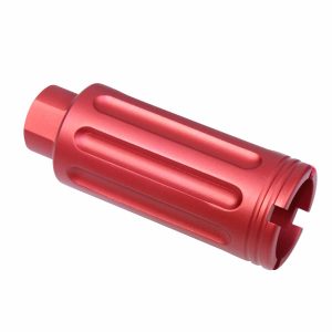 Red anodized AR-15 Gen 2 Slim Line Cone Flash Can with grooved texture.