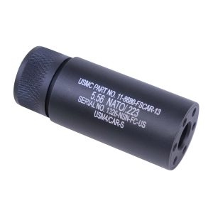 AR-15 3.0 black fake suppressor, laser-engraved, for tactical use.