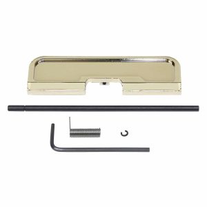 Gold-plated AR-15 Gen 3 Ejection Port Dust Cover Assembly components on white background.