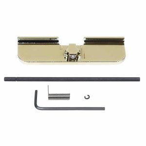 Gold-plated AR-15 Gen 3 Ejection Port Dust Cover Assembly with components.