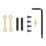 Gold-plated AR-15 anti-rotation trigger and hammer pin set with assembly tool.