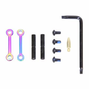 AR-15 Anti-Rotation Pin Set with Rainbow PVD Coating and Tools.