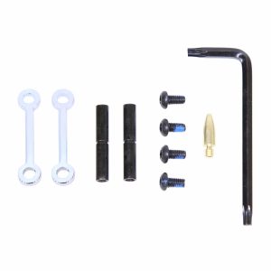 AR-15 chrome anti-rotation trigger/hammer pin set with components displayed.