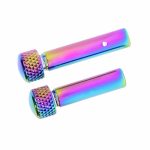 Rainbow PVD coated AR 5.56 takedown pin set, metallic with iridescent hues.