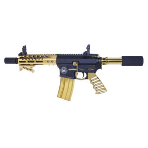 Gold and black tactical rifle with scope and folding sights.