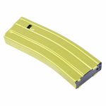Bright yellow AR 5.56 30-round aluminum magazine with anti-tilt follower.
