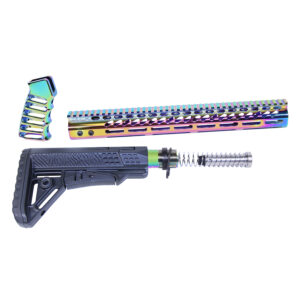 Colorful firearm accessory kit with grip, handguard, and stock on white background.