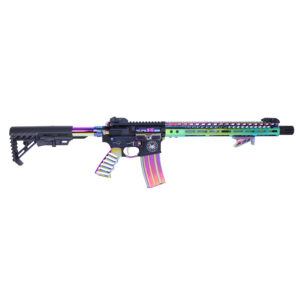 Colorful modern rifle with rainbow magazine and suppressor, combining art with functionality.