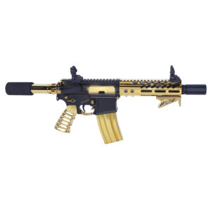 Gold and black custom rifle with tactical rail and flip-up sight.