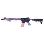 Customized tactical rifle with vibrant iridescent design and adjustable features.