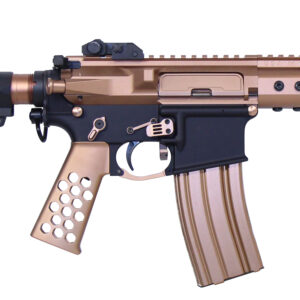 Close-up of desert tan tactical rifle with Picatinny rail and ergonomic grip.