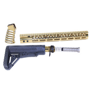 Custom firearm accessories set with gold handguard, black stock, and buffer tube assembly.