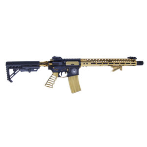 Luxurious gold and black semi-automatic rifle with adjustable stock and high-capacity magazine.