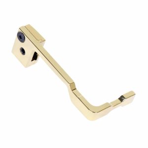 Gold-plated AR-15 extended bolt catch release with sleek, modern design.