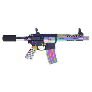 Colorful replica assault rifle with iridescent finish and tactical design elements.