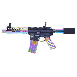Iridescent rifle with vibrant purple, blue, and green hues and modern design features.