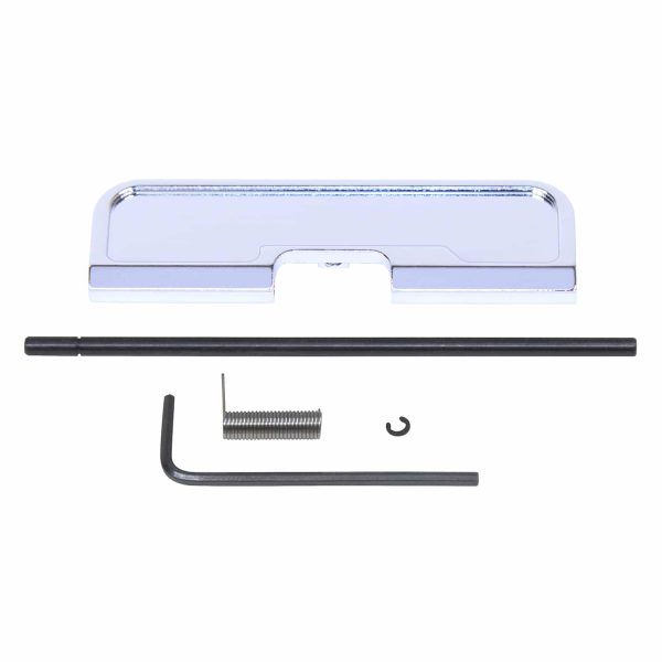 Chrome AR-15 Ejection Port Dust Cover Assembly with tools and components.