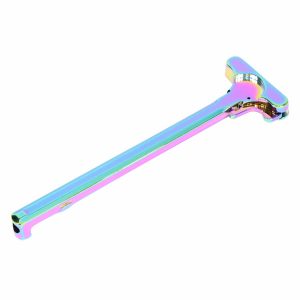 AR-15 rifle charging handle with rainbow PVD coating for enhanced durability and style.