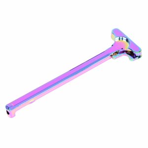 AR-15 charging handle with vibrant, iridescent anodized finish.