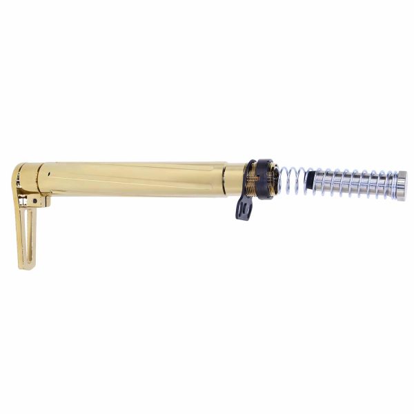 Gold-plated AR-15 Airlite Minimalist Stock with sleek cylindrical design and sturdy spring hinge.