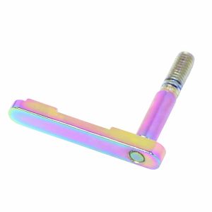 Colorful iridescent safety razor with rainbow titanium finish and textured grip handle.