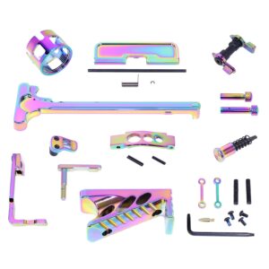 AR-15 finishing kit with rainbow PVD coating on metal parts, displayed against white.