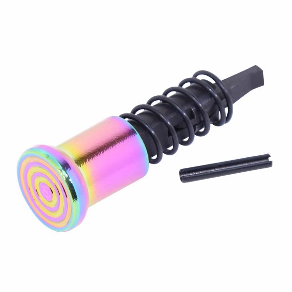 Colorful AR-15 forward assist assembly with rainbow PVD coating.