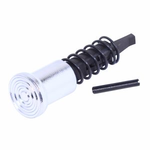 Chrome AR-15 forward assist assembly with ridged knob and coiled spring.