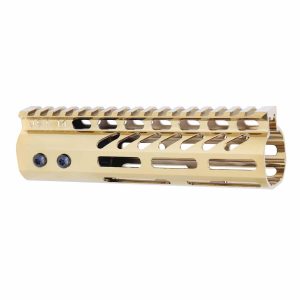 Gold Plated 7 M-LOK Handguard with Monolithic Top Rail by Guntec USA.